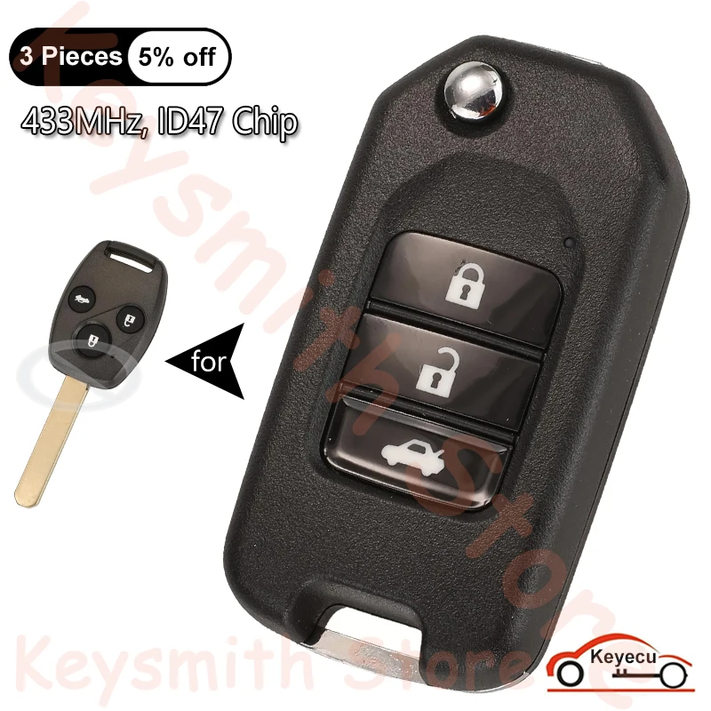 KEYECU 3 Buttons 433MHz ID47 Chip for Honda Civic After 2014 Year Auto Upgraded Flip Remote Control Key Fob Replacement