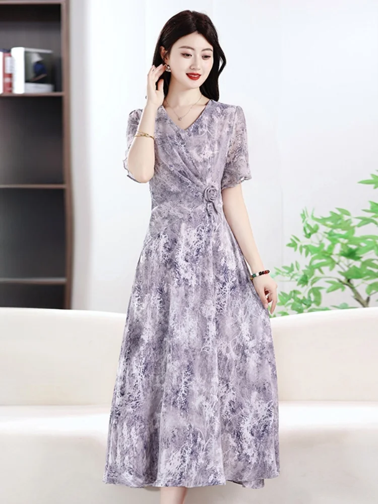 

Летнее платье миди с цветочным принтом, приталенное, женское, средней длины, повседневное, элегантное, комфортное, из полиэстера