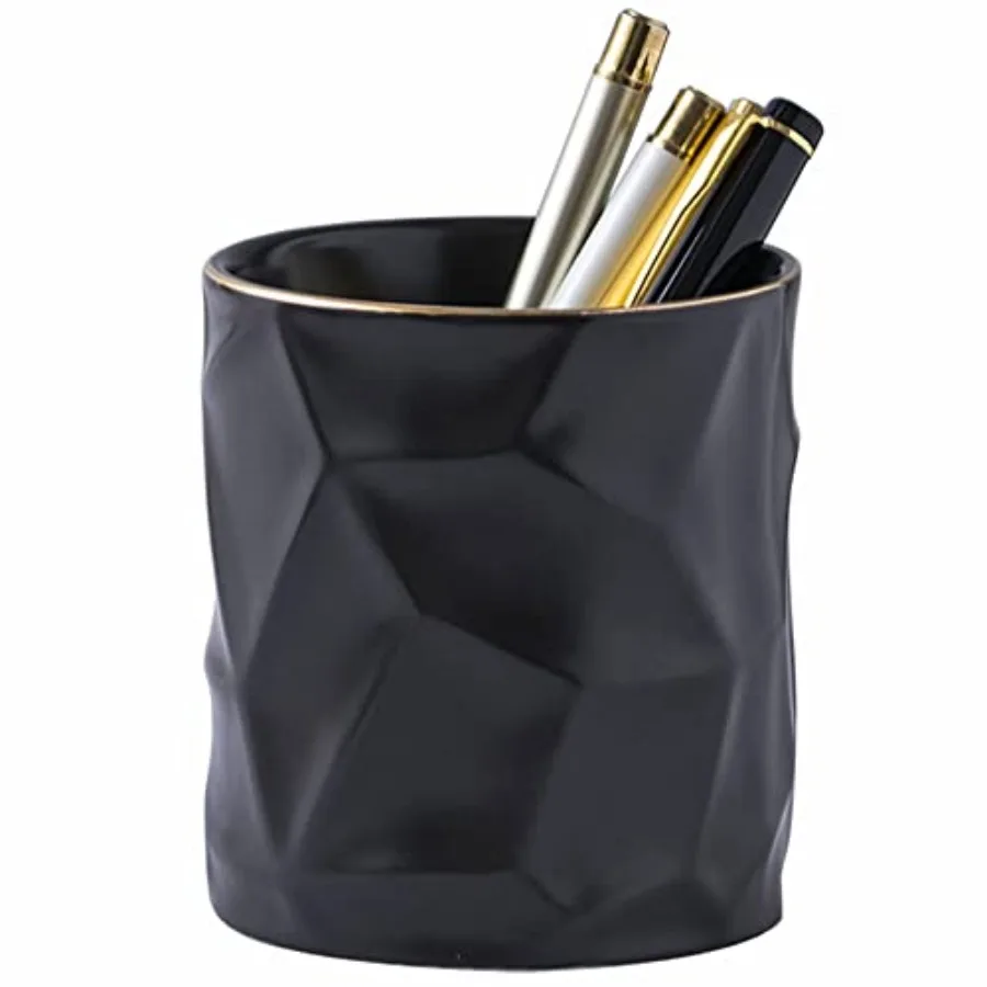 

Ceramic Irregular Round Pen Holder For Desk Cute Stand Gold Line Aesthetic Pencil Cup Pot Desk Organizer for Men Women Makeup B