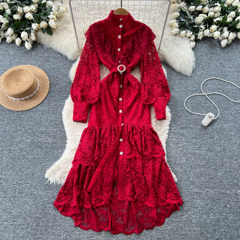 Schickes Vintage-Kleid mit einreihiger Spitze und langen Ärmeln, elegante Fee, koreanische Mode, Herbstparty, Damenbekleidung