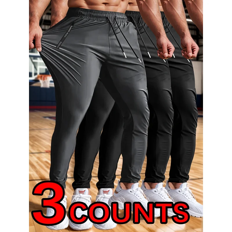 

3 Pack Men's High Stretch Jogging Pants Zippered Pockets Drawstring Waist Solid Color Casual Sweatpants Football Black Man Gift