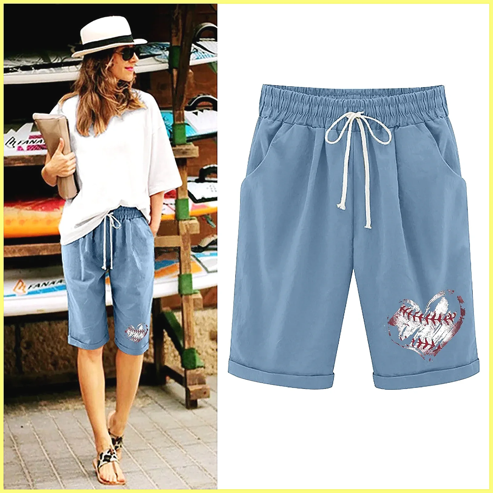 Women's High Waisted Cotton Shorts, Dandelion Print Summer Beach Pants, Plus Size Casual Lacing Shorts