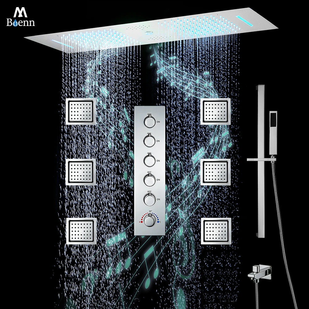 M Boenn Hotel 5 Functions Shower Set Bar Shape 35*12 Inch Couple Shower Head Rainfall Bathroom Faucets Smart Thermostat Diverter