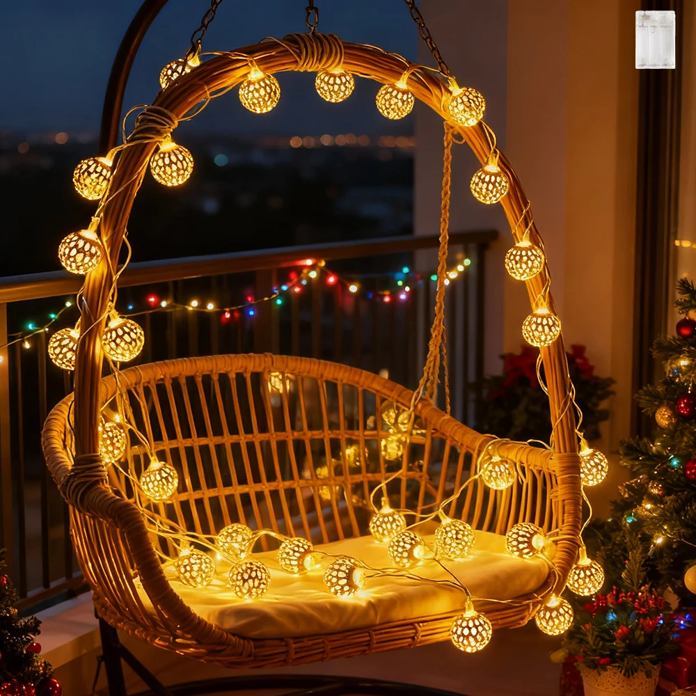 1 st Marokkaanse lichtslingers, 20 LED-bol gouden batterij-aangedreven metalen ballen kerst lichtslingers (niet inbegrepen batterij)