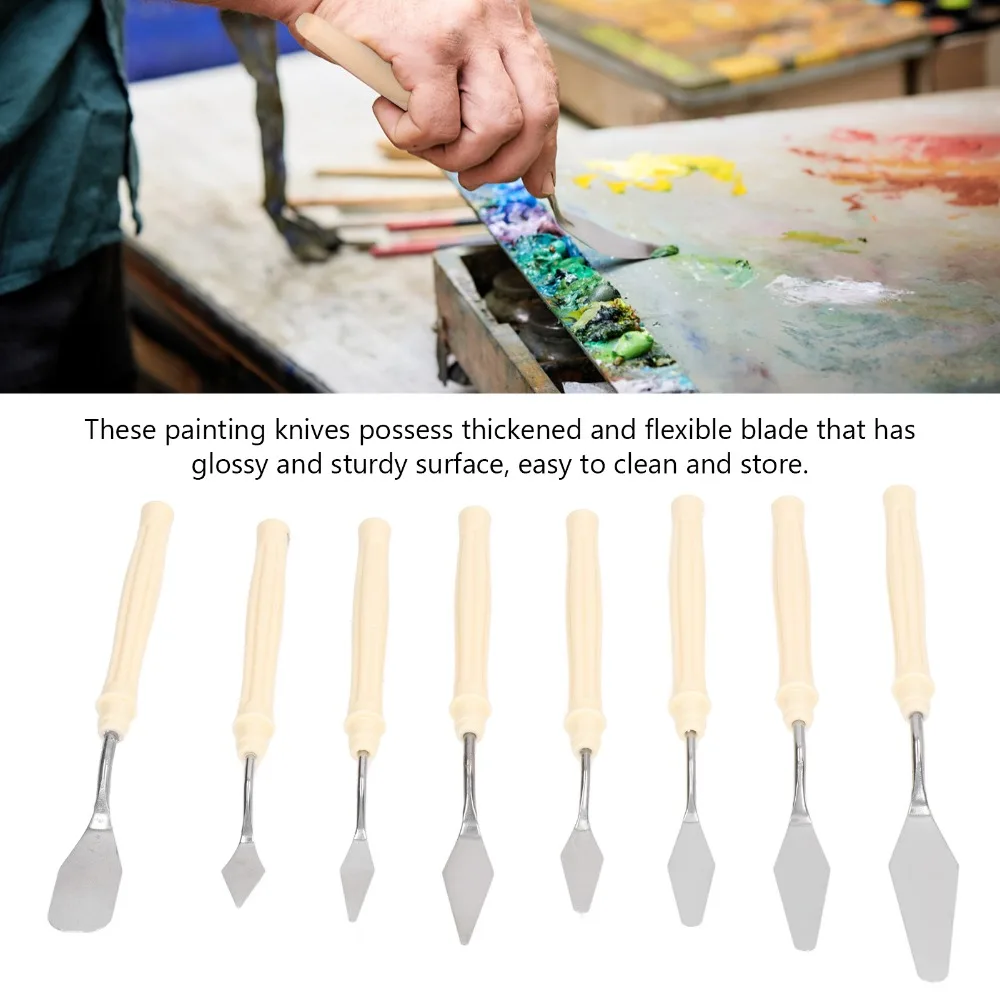 8pcs Ergonomic Handle Palette tool Set Pointed Blade Plastic Handle Painting tool Set Stainless Steel Spatula For Artists