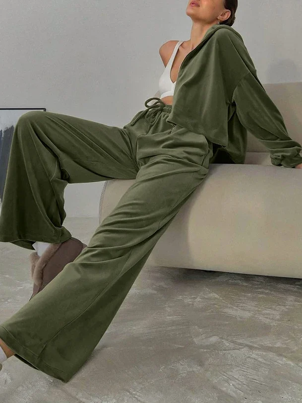 

Pleuche Green Suits for Women Hooded Zippered Tops and Wide Leg Pant Autumn 2 Piece pant Sets Women's Sports Suit Casual Outfits