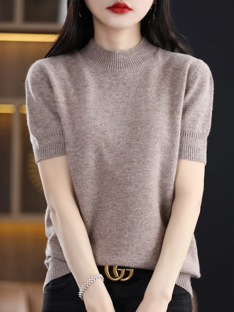 New Spring Summer 100% Merino Wool Knitwear Women\' Sweater Mock neck Pullover Half sleeved Solid Color Base Sweater Basic Tops