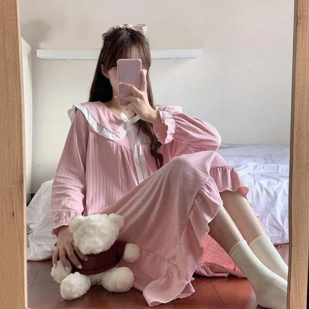 

Cute Lace Pajamas Nightgown Women Collar Sweet Bowknot Ruffle Nightdress Ruffle Bowknot Long Sleeve Sleepwear Home