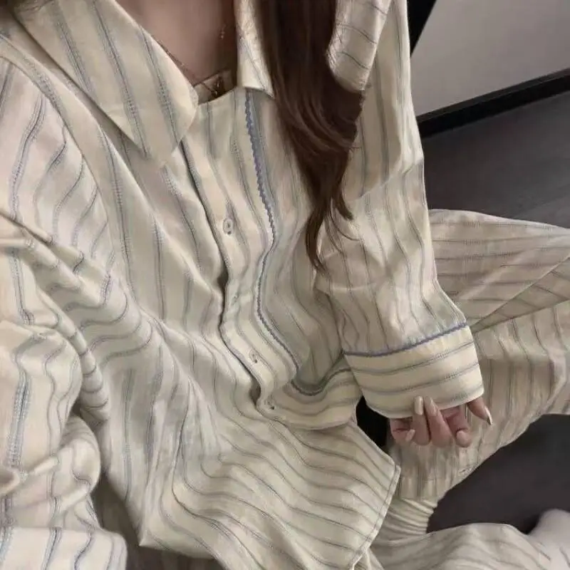 

Sweet Girl Striped Print Pajamas Women Long Sleeve Long Pants Loungewear Homewear Spring Autumn New Lazy Style Outfit Wearable