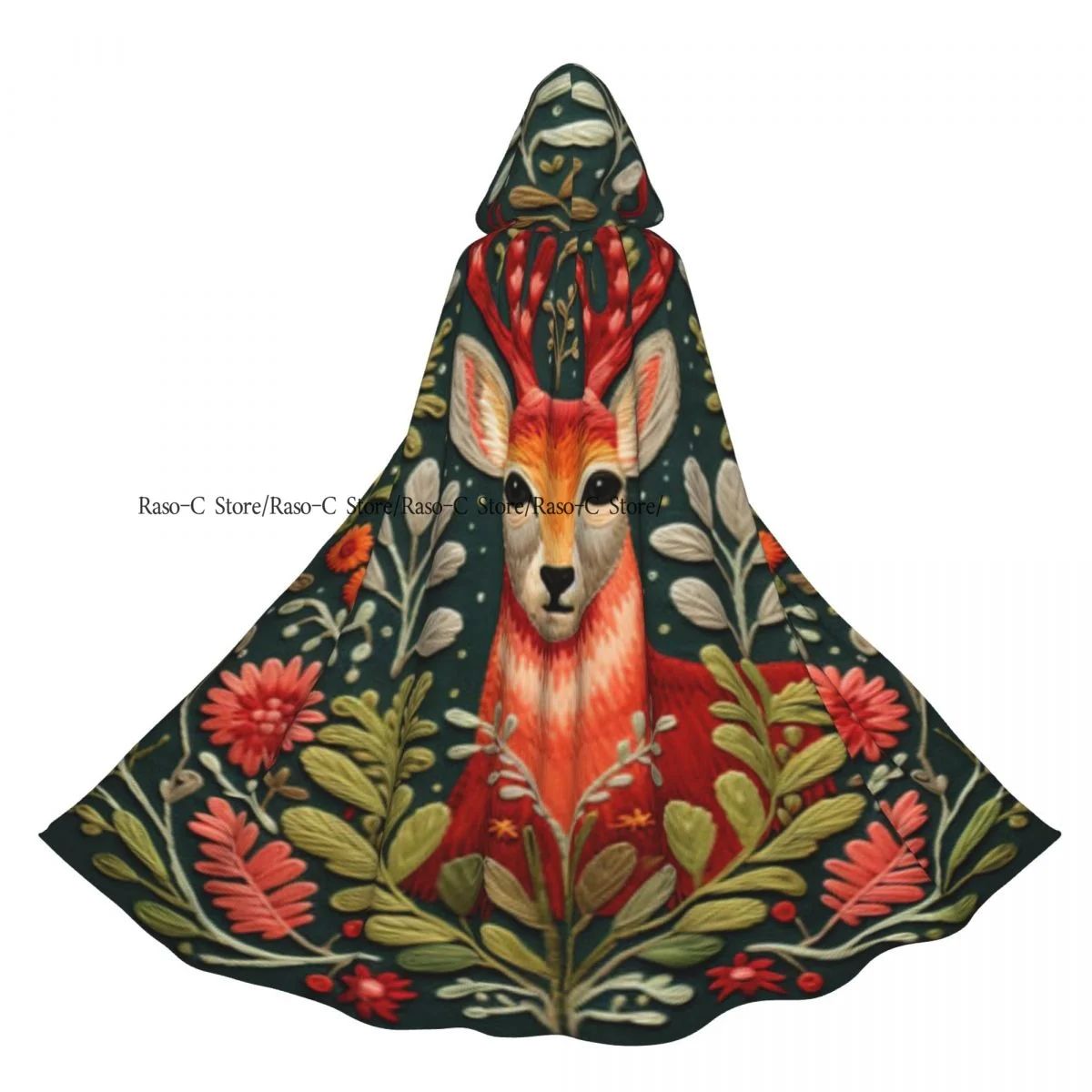 

Long Cape Cloak Vintage Deer Flowers And Leaves Hooded Cloak Coat Autumn Hoodies