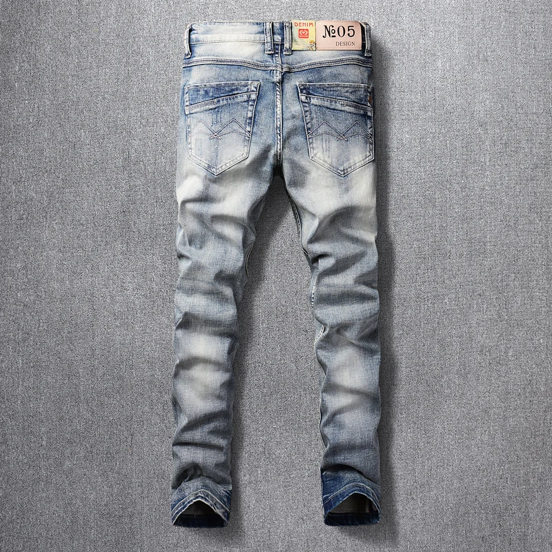 Fashion Designer Men Jeans Retro Washed Gray Blue Elastic Stretch Slim Ripped Jeans Men Embroidery Vintage Denim Pants Hombre