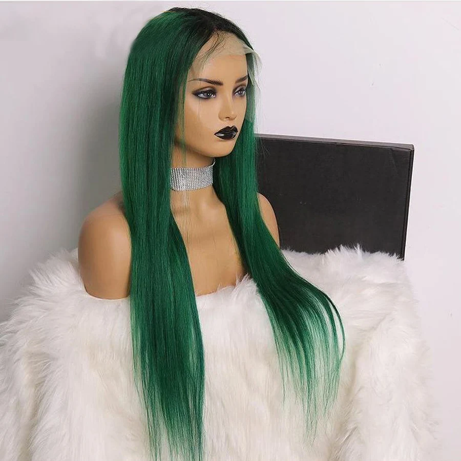 

Soft Preplucked Glueless 26 Inch 180% Density Long Straight Ombre Green Color Lace Front Wig With Baby Hair Fiber Preplucked Wig