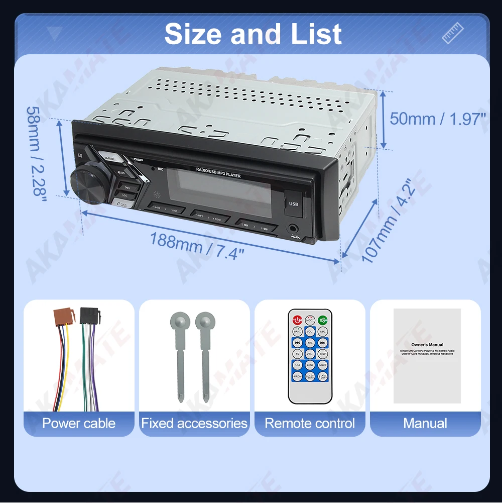 1din Car Radio MP3 Player Audio Multimedia FM Radio Support Phone Charging Bluetooth EQ AUX USB Universal