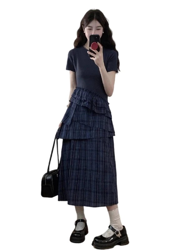 Grande taille coréenne Sle Faionable k bleu oulder longueur Dr femmes été jupe à carreaux épissage T-shirt Dr a-ligne jupe