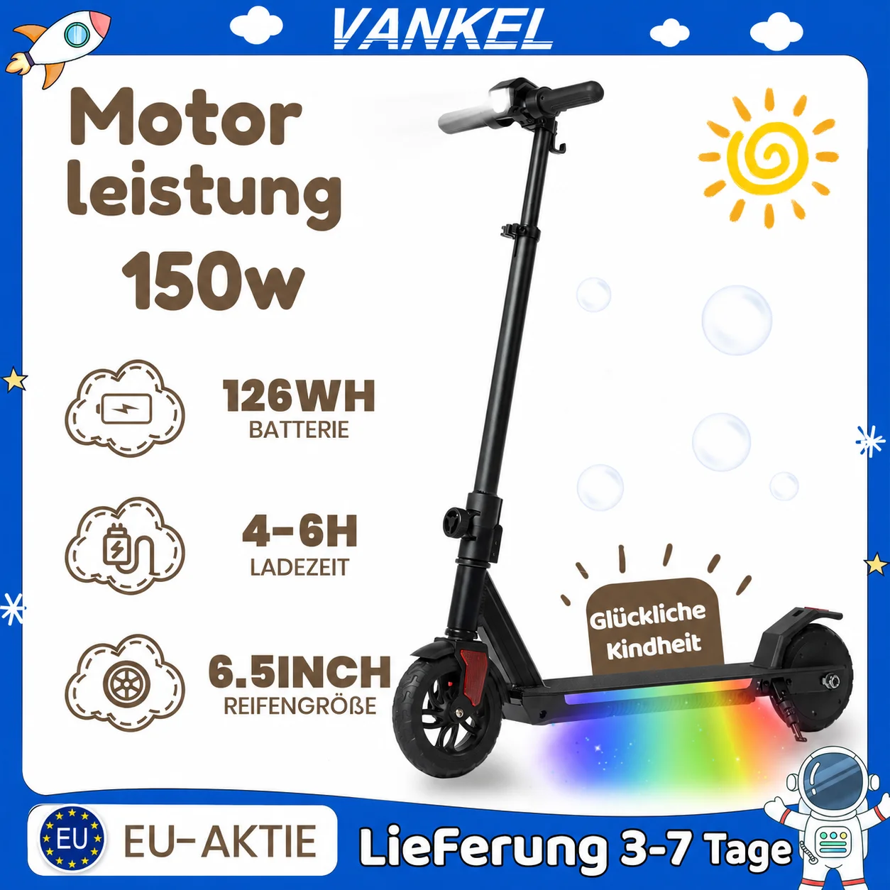 Vankel Kinder E-Scooter ab 10 Jahren, 6,5 Zoll faltbarer Elektroroller mit 150W Motor, 126Wh Akku, 3-fach höhenverstellbarem Lenker, Kids Scooter für Jungen und Mädchen
