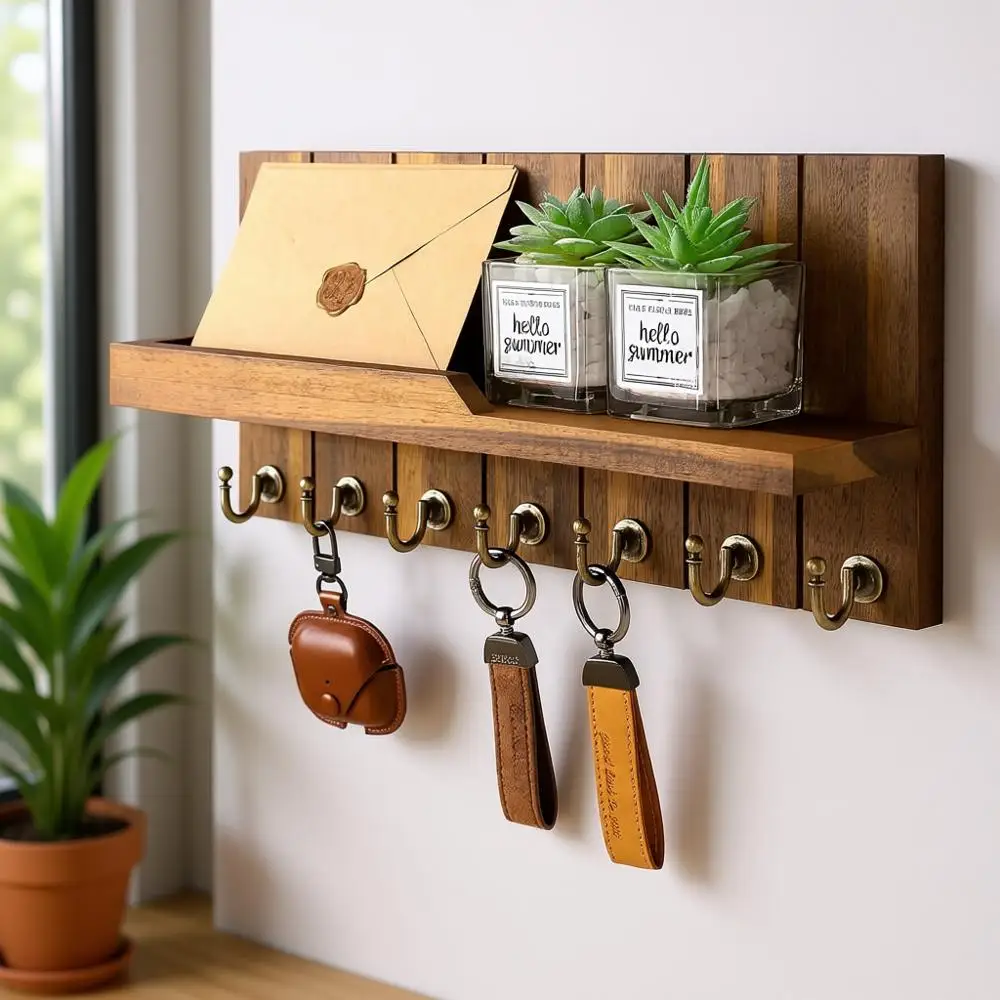 

Настенный держатель для ключей из акации с плавающими полками - улучшите интерьер дома