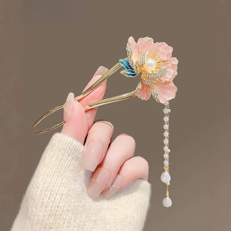 Fashion Chinese Sweet Vintage Flower Tassels U Shape Hair Stick For Women Girl Elegant Hair Fork Cheongsam Hanfu hair accessory