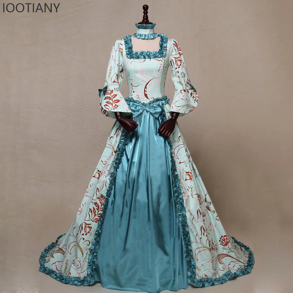 

Medieval Victorian Court Party Formal Dress Renaissance Queen Long Sleeve Printed Trumpet Sleeve Dress Costume Show Plus Size
