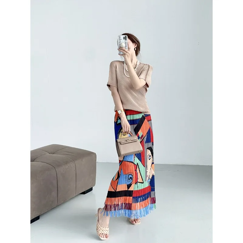 Pleated 2024 Summer Fashion Niche Design Retro Printed Half Skirt Bohemian Style Tassel Mid Length Half Skirt Women Clothing