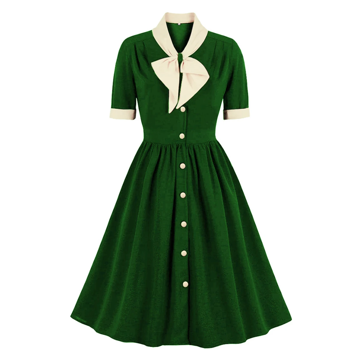 Women's Vintage French V Neck Bow Single Breasted Patchwork Swing 1950s Dress Elegant High Quality Cotton Dresses