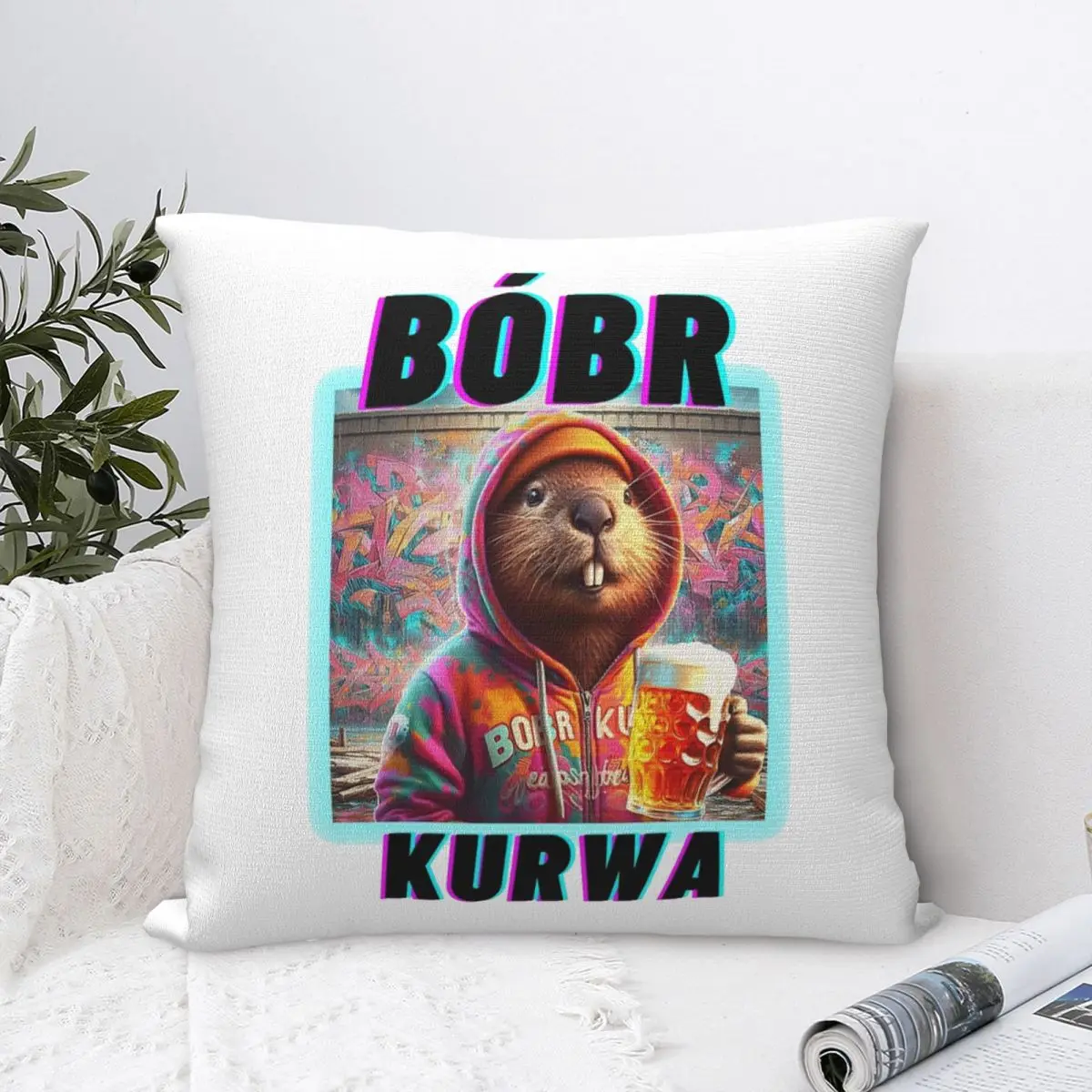 Bobr Kurwa Drinking Beer Neon Pillowcase Polyester Cushion Cover Decorations Bober Throw Pillow Case Cover Sofa Square 40X40cm