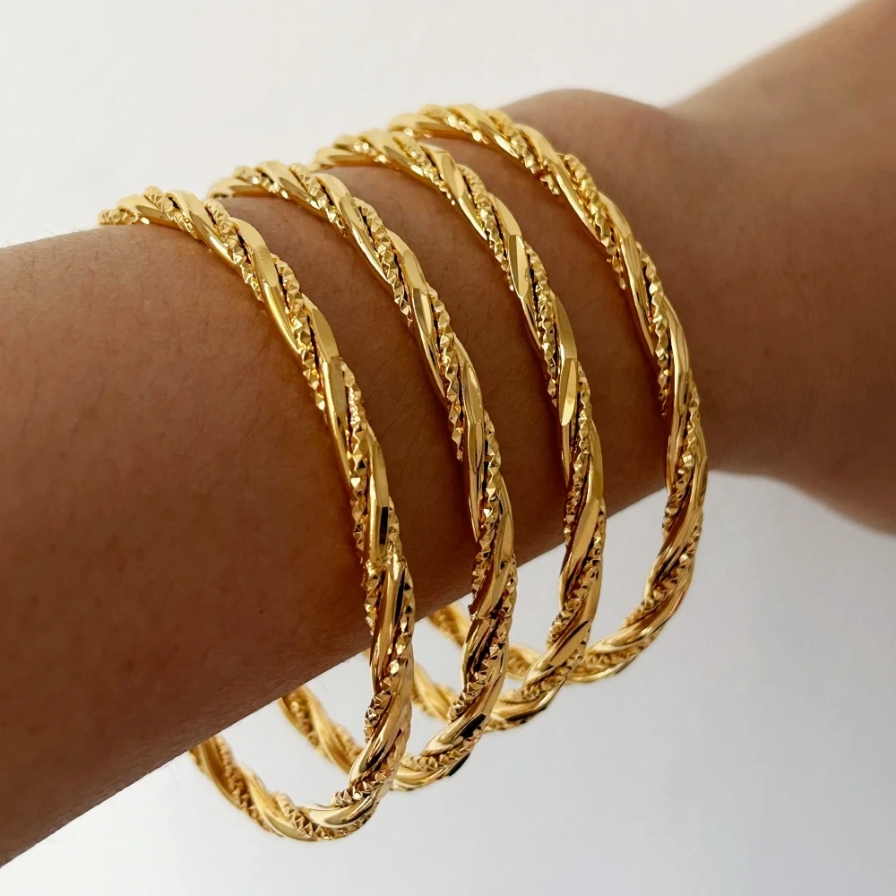 Women\'s Hand Bracelets Gold Color 4mm Twisted Round Circle Cuff Bangles Wristband Pulsera Wedding Jewelry Accessories Gifts