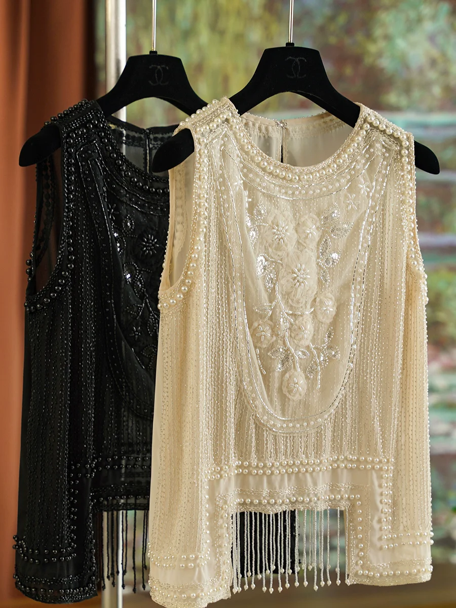 98-102cm Bust Spring Summer Women Elegant Loose Mori Kei Girl Handmade Beading Vest Blouse/Shirts