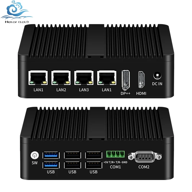 Helorpc 4LAN2COM Industrial Mini PC with Inter N100  DDR4 RS485/RS232 Support Windows10 LINUX WIFI Bluetooth Fanless Computer