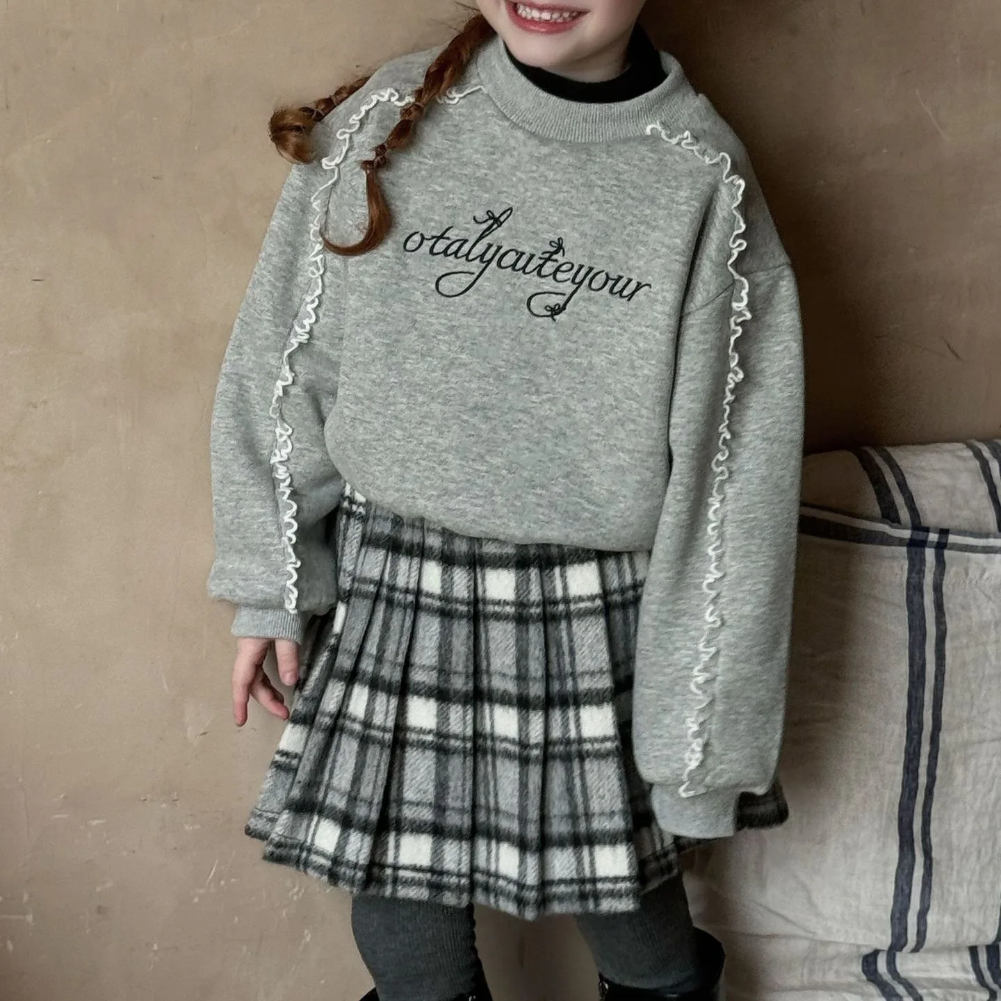 Girls Thick Grey Plaid Pleated Skirt 2024 Autumn and Winter New Children Fashion and Versatile Pleated Skirt