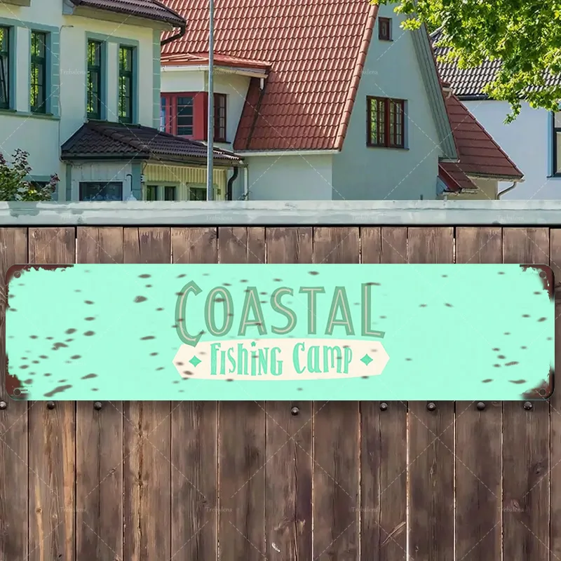 Letrero de Metal de 4x16 pulgadas, "señal Vintage para campamento de pesca costero, decoración artística de valla de madera rústica", 1 ud.