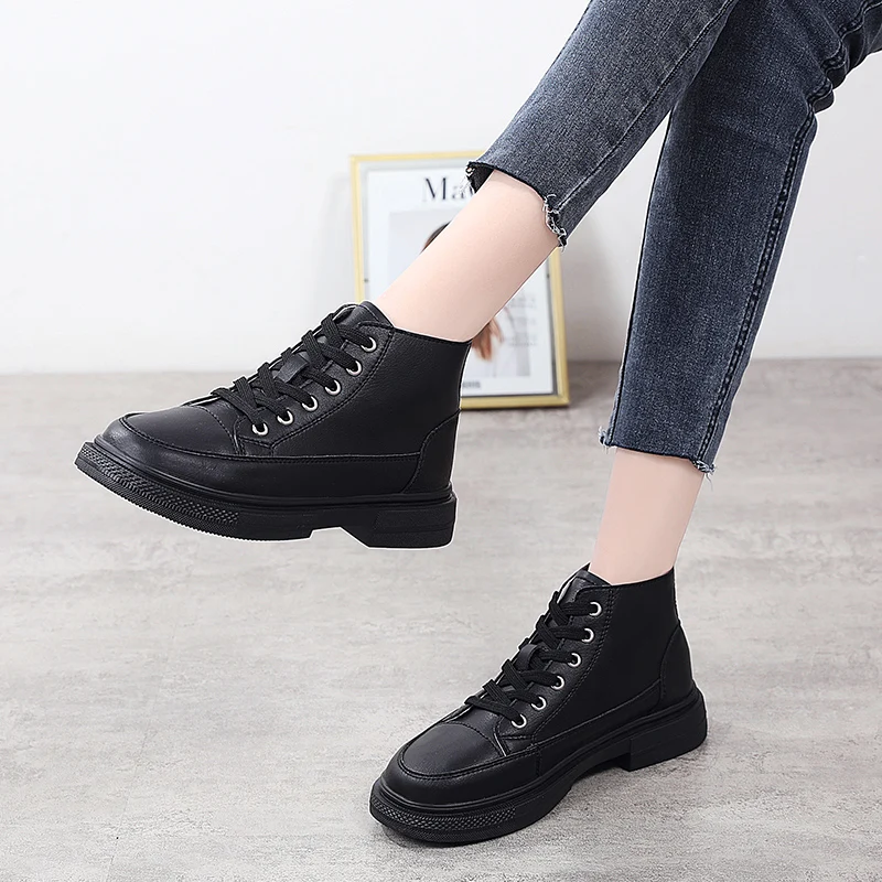 

Genuine Leather High Quality Autumn Casual Shoes Women Non-Slip High-Top Martin Boots Ladies Non-Slip All-Match Walking Shoes