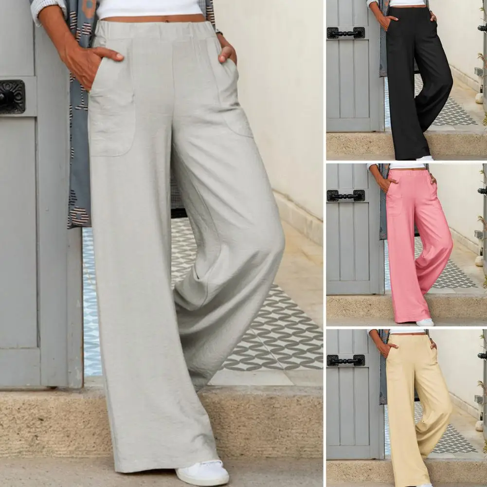 Women Pants Mid Waist Elastic Waists Full Length Wear-resistant Straight Soft Wide Leg Loose Spring Trousers Daily Clothes