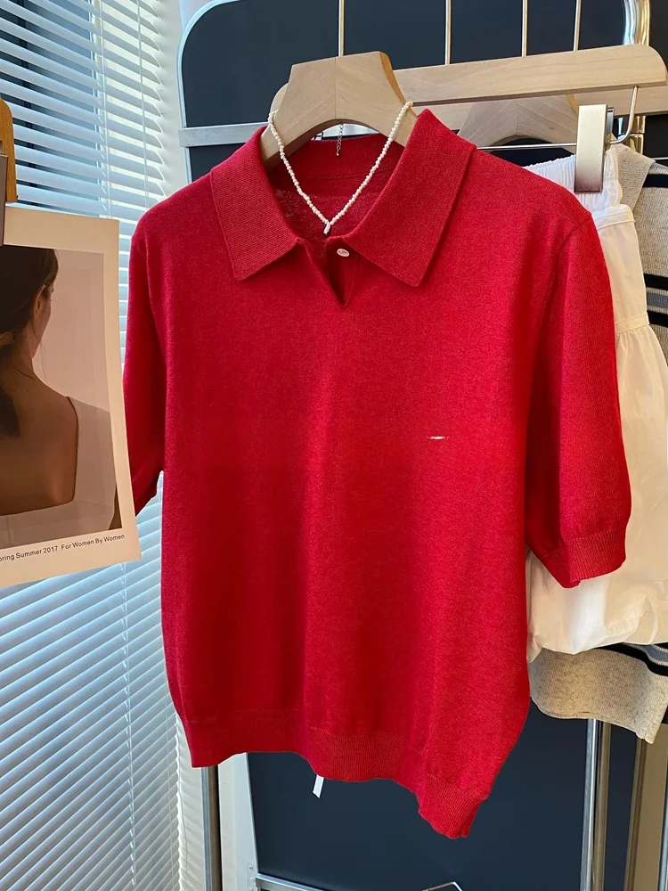Red Ice Silk Knitted  Shirt Short Sleeve Embroidered Letter Guangzhou Thirteenth Factory Summer Fashionable Women's Top