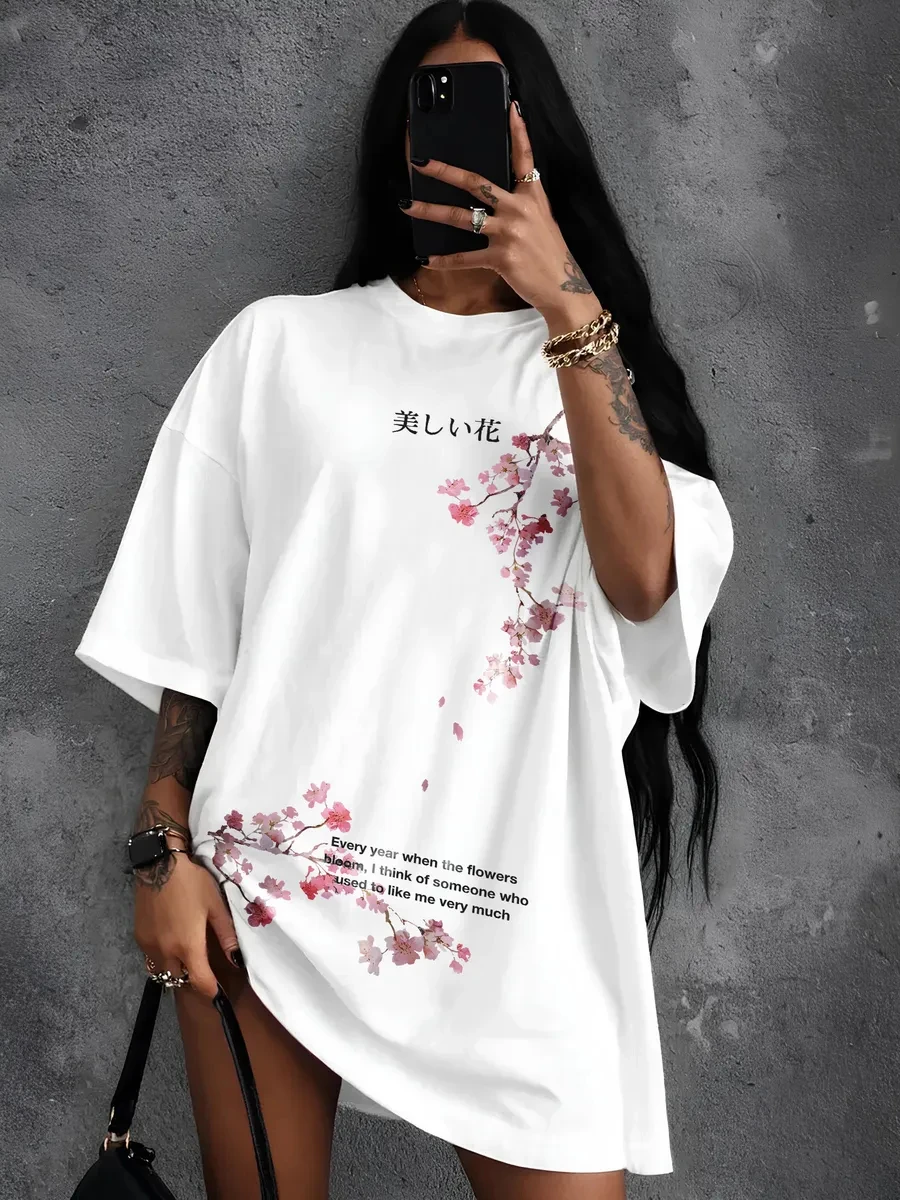 Beautiful Sakura Branches Prints T-Shirts Cotton Womens Summer Oversized Tops Soft Short Sleeve T Shirt Casual O-Neck Clothes