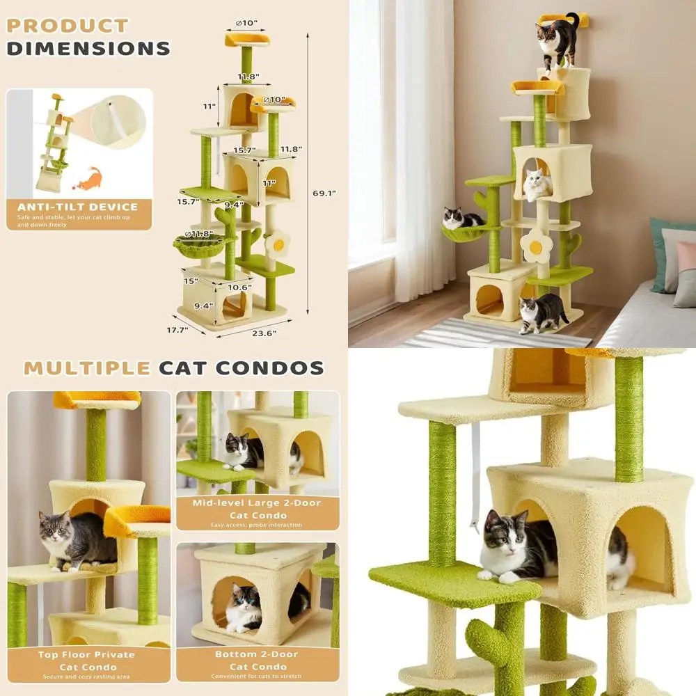 

69.1 Indoor Cat Tree Tower for Large Cats with Multiple Levels, Scratching Post, and Perches