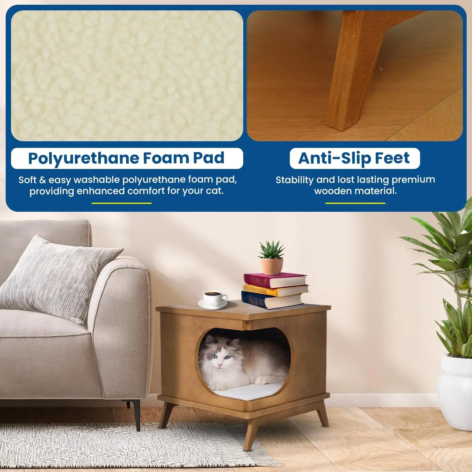 

Wooden Cat Bed End Table – 15.7"x15.3"x15.7" Modern Cat Furniture for Bedroom & Living Room – Nightstand Pet House