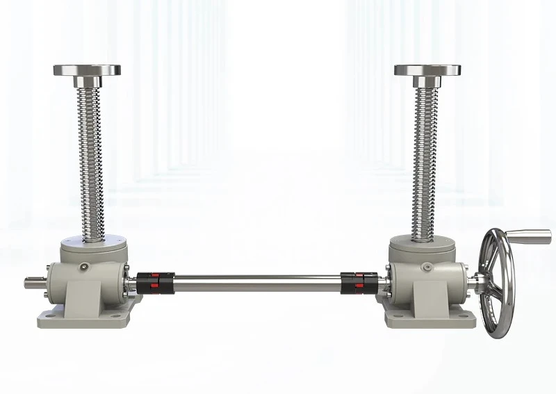 Screw lift, hand cranked electric, two synchronous, multiple linked lifting platforms, vertical worm gear transmission