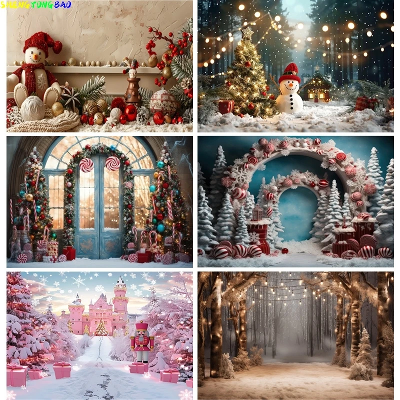

Christmas Tree With Gift Boxes Photography Backdrops Winter Snow Decorations Wooden Door Fireplace Room Background Props WR-13