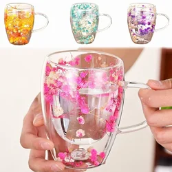 350ml Double Wall Glass Cup with Handle Dried Flower Decorated Coffee Milk Mug Heat Resistant Kitchen Supplies for Friend Gifts