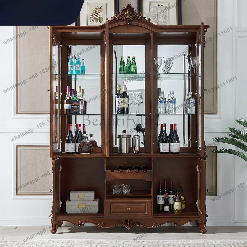 American all-solid wood wine cabinet double door dining side glass door European large apartment