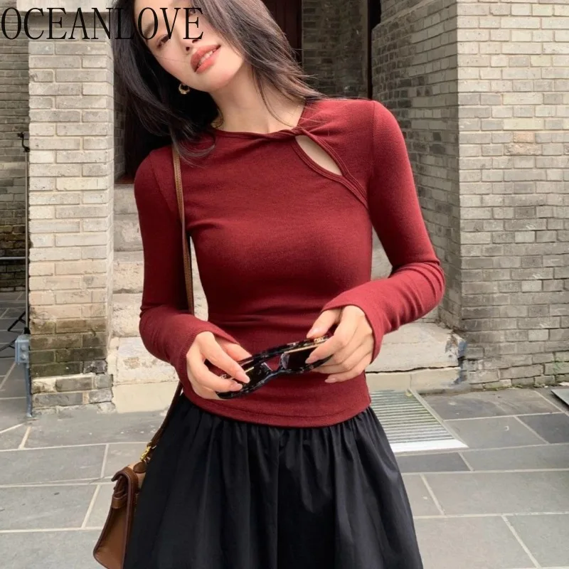 

OCEANLOVE ажурная футболка для женщин, корейские модные базовые однотонные футболки Ropa De Mujer, весенне-осенние винтажные повседневные короткие футболки
