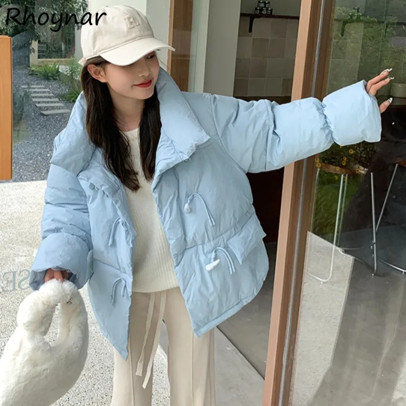 

Parkas Women Stand Collar Horn Buckle Design Solid Simple All-match Leisure Korean Style Candy Colors Sweet Students Autumn Cozy