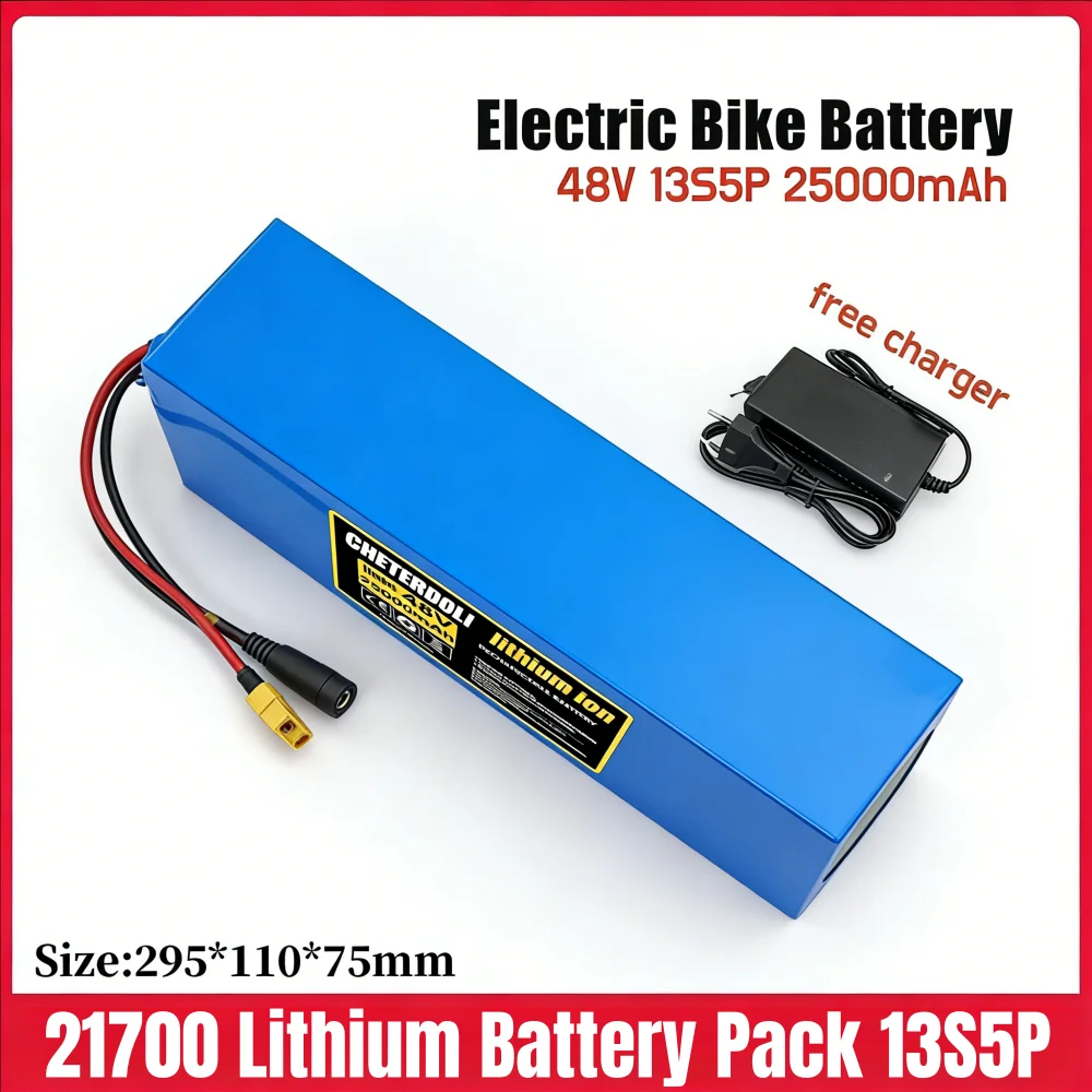 

Аккумулятор литиевый перезаряжаемый 21700 13S5P 48В 25Ач со встроенной интеллектуальной BMS на 30А, подходит для двигателей и зарядных устройств мощностью 500-1000Вт.