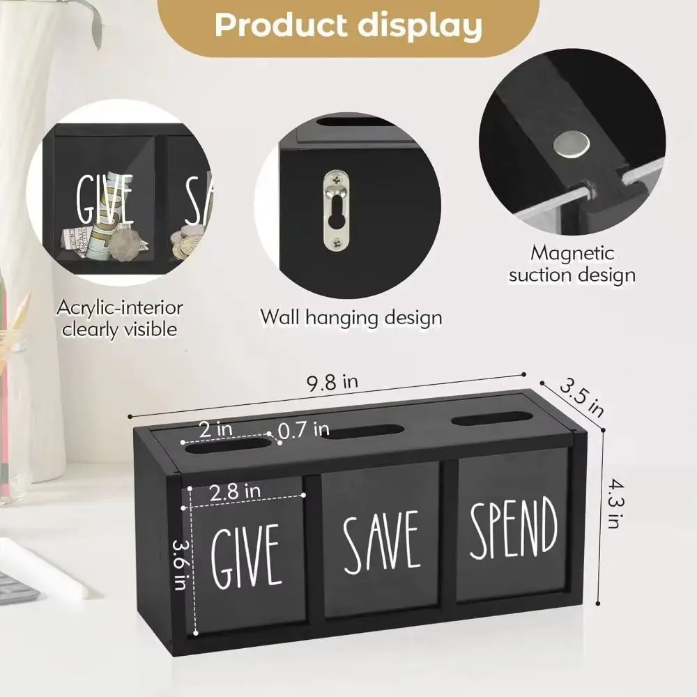 3 Compartments Wooden Money Saving Box Wall-Mount Design Large Capacity Saving Money Jar Reusable Decorative Money Container - view 5