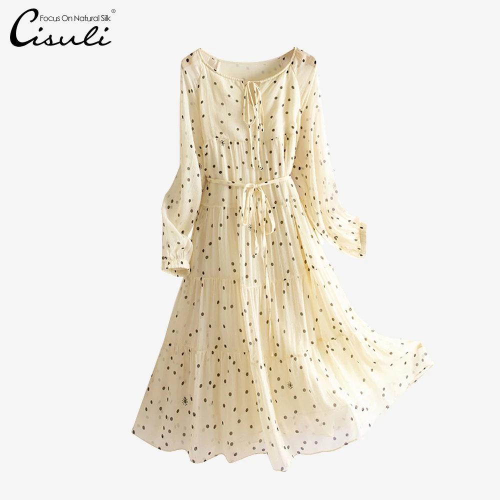 

CISULI Printed Silk Chiffon Dress 100% Natural Silk Women Summer Holiday Soie Dresses Dot Pattern