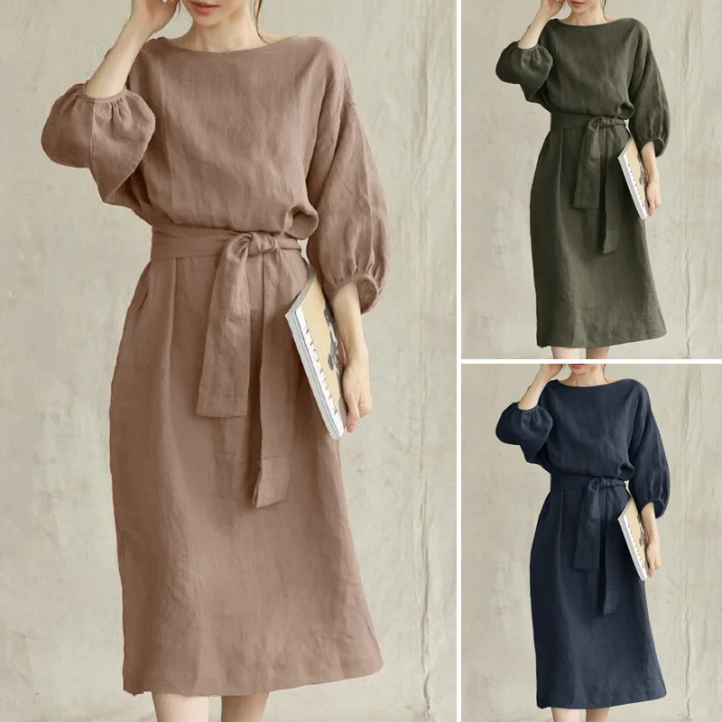 

Новое элегантное платье средней длины с высокой талией, однотонное платье на шнуровке с круглым вырезом, женские вечерние платья