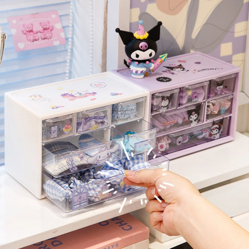 Kawaii Sanrio Girls Cinnamoroll Desktop Storage Box Kuromi Melody 6 Grids Drawer-type Stationery Desk Accessories Organizer Box