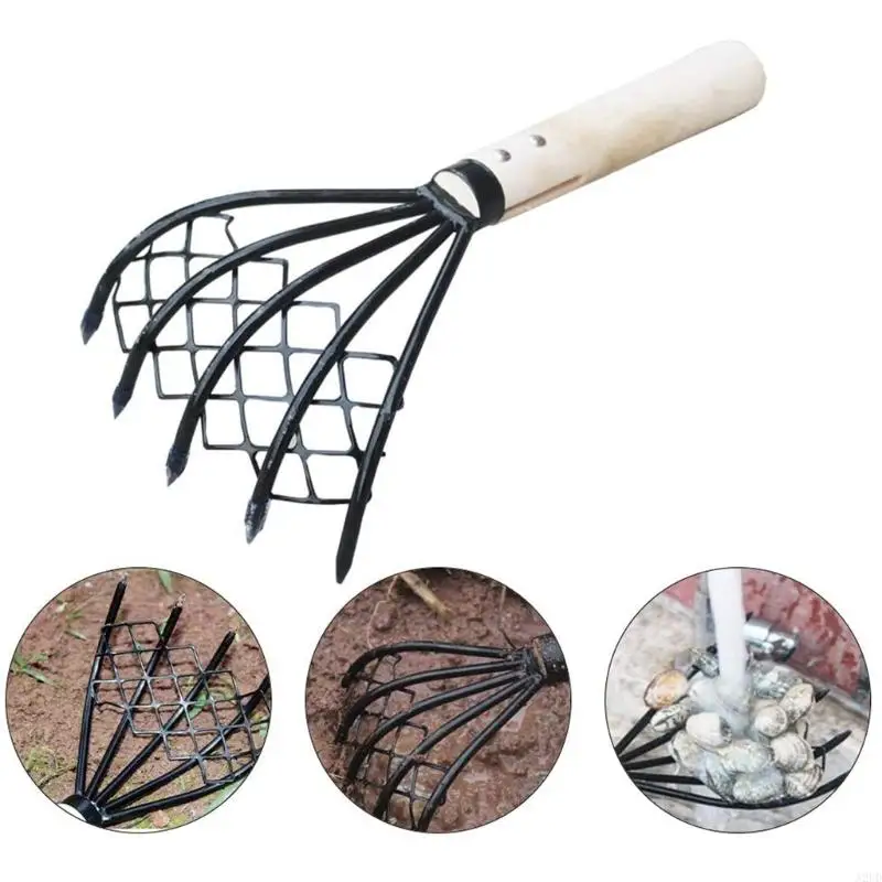 A2UD 15 Inch Hand Rake Claw Rake with Mesh Net Lightweight Handled for Shell Clam Dig