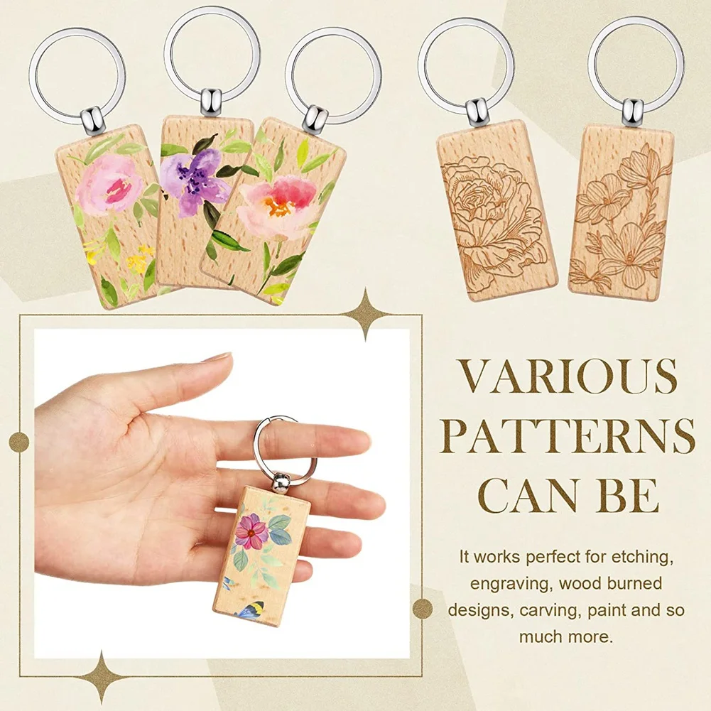 Homegood 100Pieces Wooden Keychain Blanks Bulk Rectangle Wood Engraving Blanks Unfinished Wooden Key Ring Key Tag A