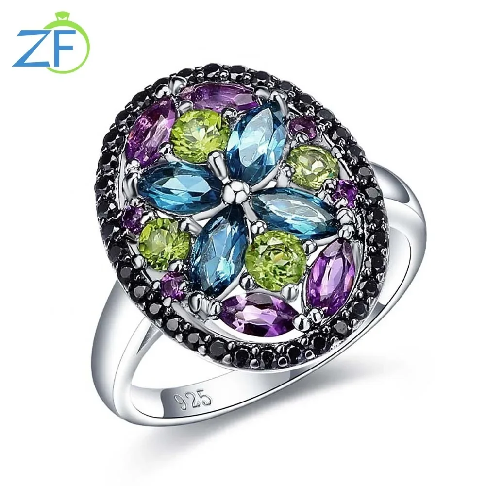 

GZ ZONGFA Natural Blue Topaz Amethyst Peridot Mixed Color Gemstone 925 Sterling Silver Rings for Women Fashion Fine Jewelry